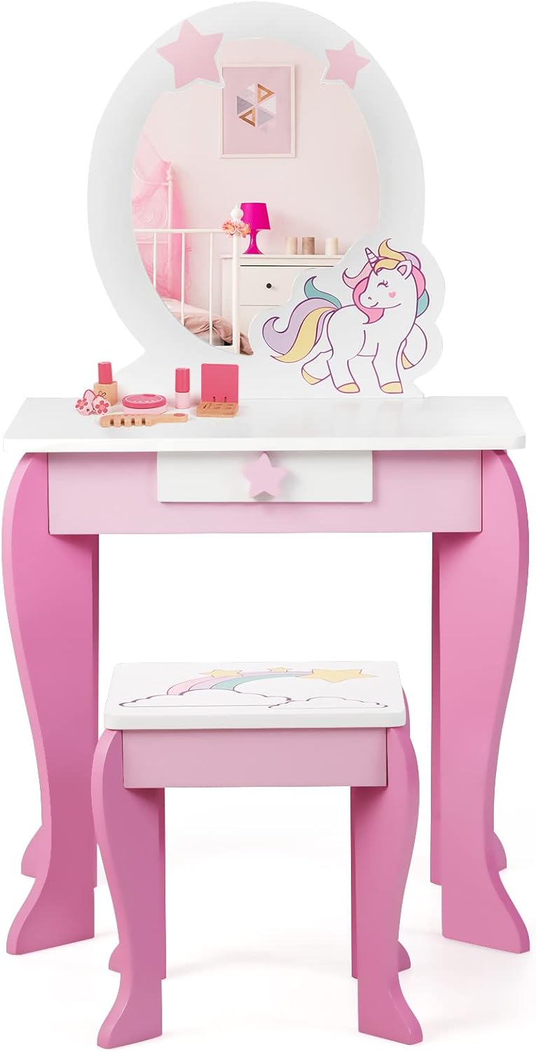 DREAMADE Kinder Schminktisch mit Hocker und Abnehmbarer Spiegel, Prinzessin Frisiertisch für Kinder,