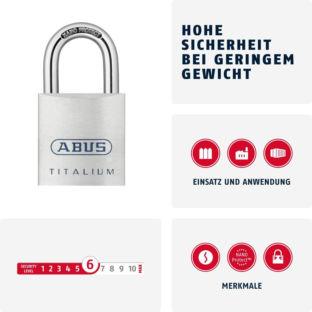 ABUS Titalium Vorhängeschloss 80TI/40 - Kellerschloss mit leichtem, massiven Schlosskörper aus Spezi