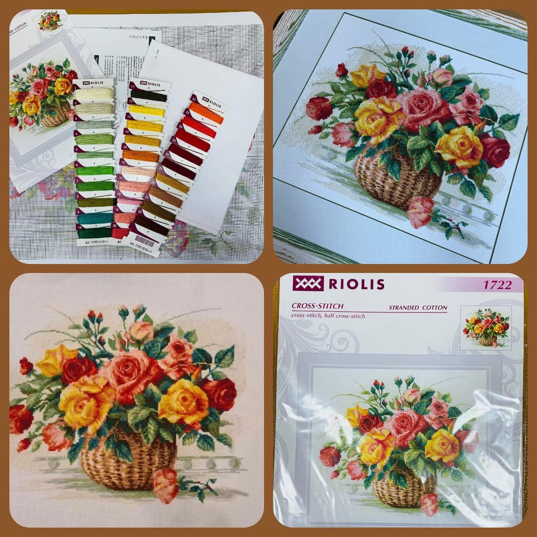 RIOLIS Korb mit Rosen Kreuzstich-Set, Baumwolle, Mehrfarbig, 35 x 30 x 0.1 cm