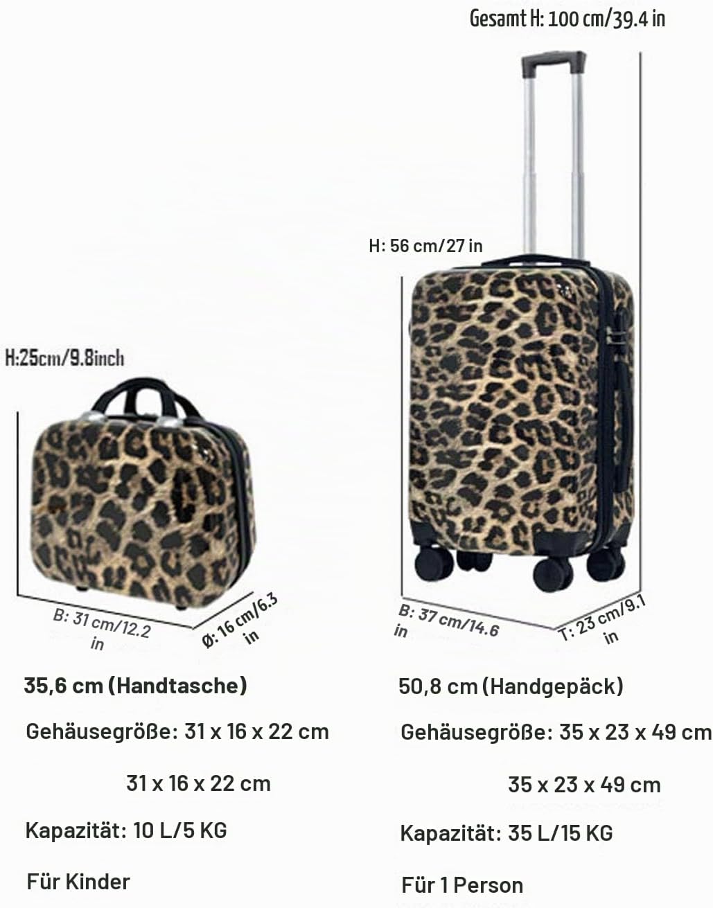 Leopardenmuster Gepäckset 2-teilig (20" Handgepäck + 14" Handtasche) - Hartschalen-Koffer mit Zahlen
