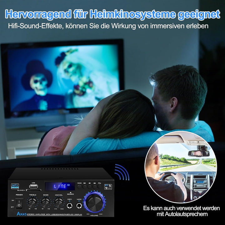 HiFi Verstärker mit Bluetooth, Mini Stereo Audio Amplifier Anlage 2.0 Kanäle 400W X 2 Endverstärker