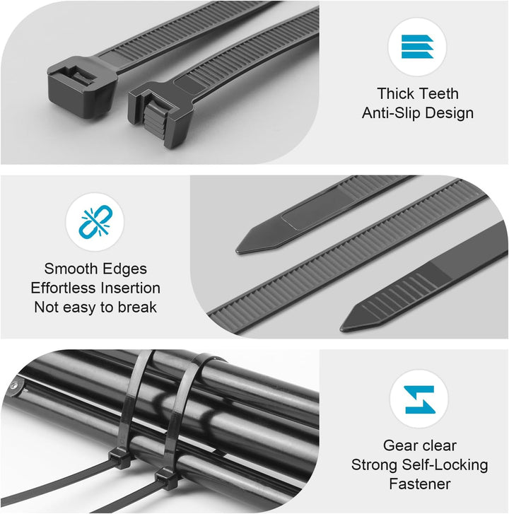 XINGO Schwarze Kabelbinder, robust, verschiedene Grössen (30,5 cm + 35,6 cm + 45,7 cm + 61 cm), 600