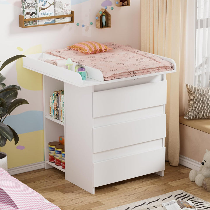 2-in-1 Wickelkommode mit abnehmbarem Wickelaufsatz, Baby Wickeltisch&Kommode mit 3 Schubladen und 6