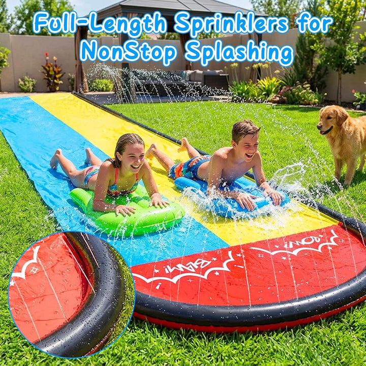 Mineup Wasserrutsche Garten, 480 x 140cm Wasserrutschmatte mit 2 Bodyboards, Doppelrutsche mit Einge
