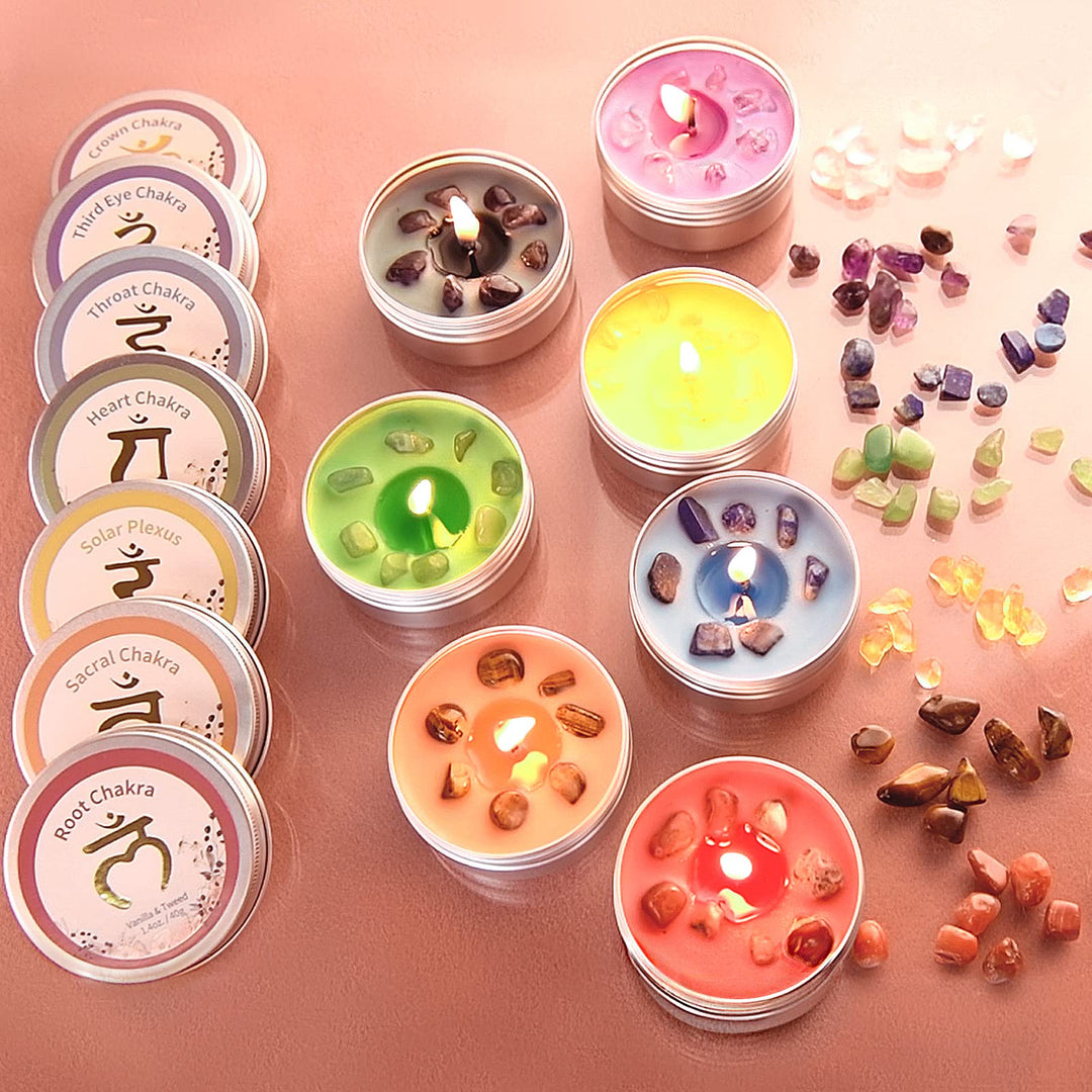 Chakra Kerzen 7er-Set, Meditationskristall-Duftkerzen-Geschenkset für Frauen, spirituelle Heilkerzen