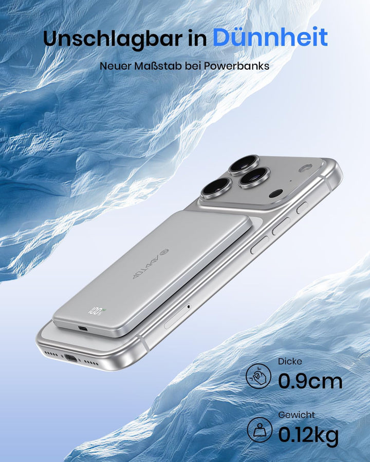 A ADDTOP Ultra Slim Magnetische Power Bank 5000mAh – 15 W Kabellose Powerbank mit USB C EIN/Ausgang