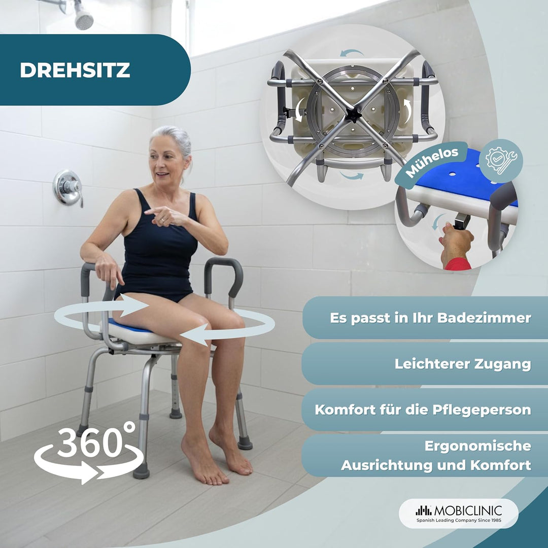 Mobiclinic®, 360° Drehbarer Duschstuhl, Armlehnen und Rückenlehne, Höhenverstellbar, Sitzfläche mit