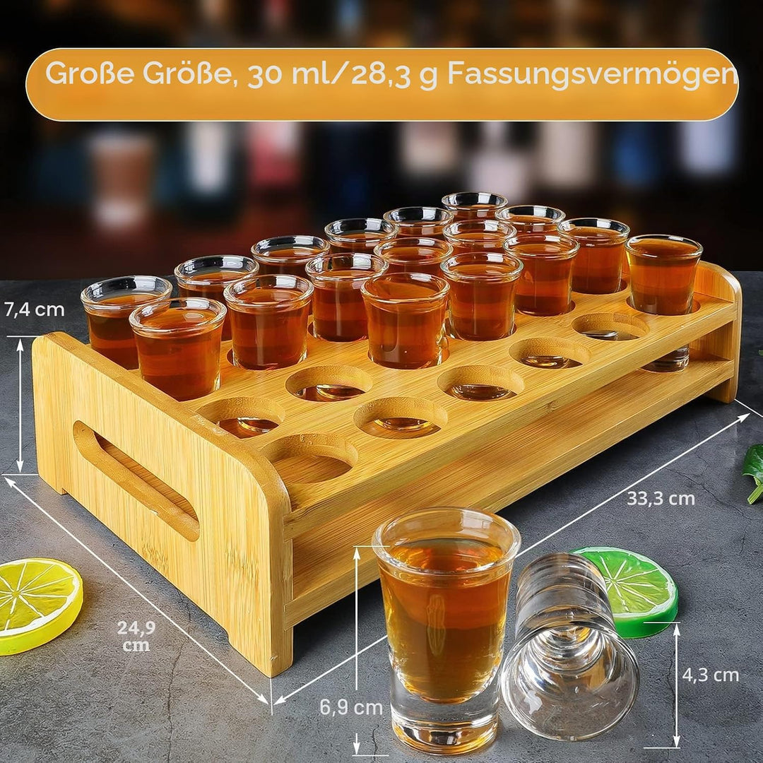 Schnapsglas-Set, 24 Stück, 30 ml, Schnapsglas-Halter, dicker Boden, klares Glas für Party, Club, Bar