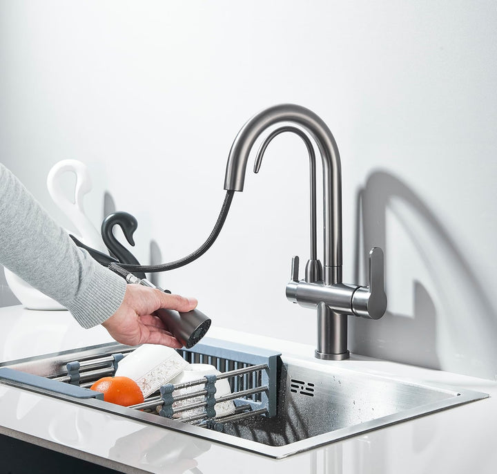 3 Wege Küchenarmatur mit Ausziehbarer Brause Edelstahl Grau, 3 in 1 Mischbatterie Trinkwasserhahn Kü