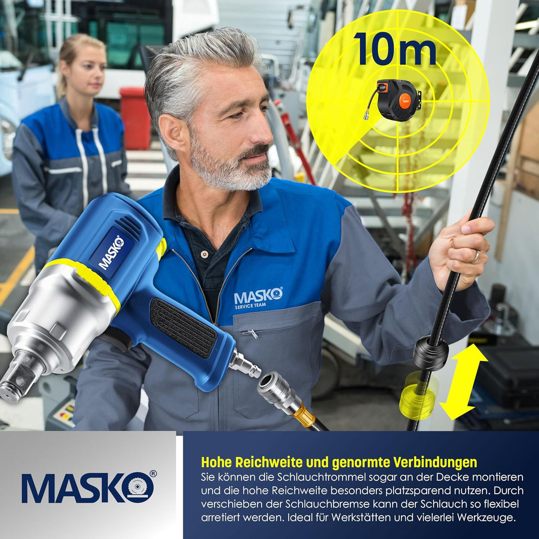 MASKO® Automatik Druckluftschlauch Aufroller 10m – Schlauchtrommel mit 1/4" Anschluss, Schlauchaufro