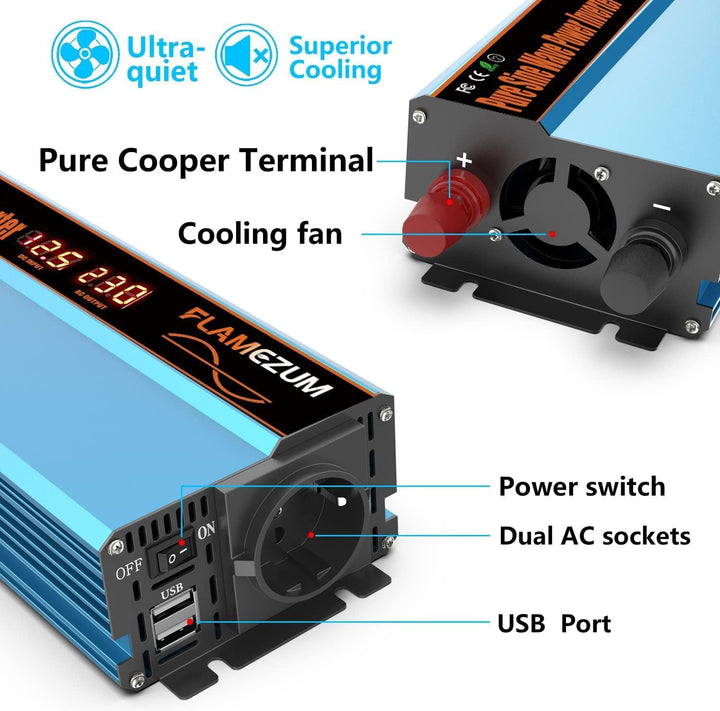 FLAMEZUM 1000W Wechselrichter 12V auf 230V Reiner Sinus Umwandler -Auto Spannungswandler Inverter Ko