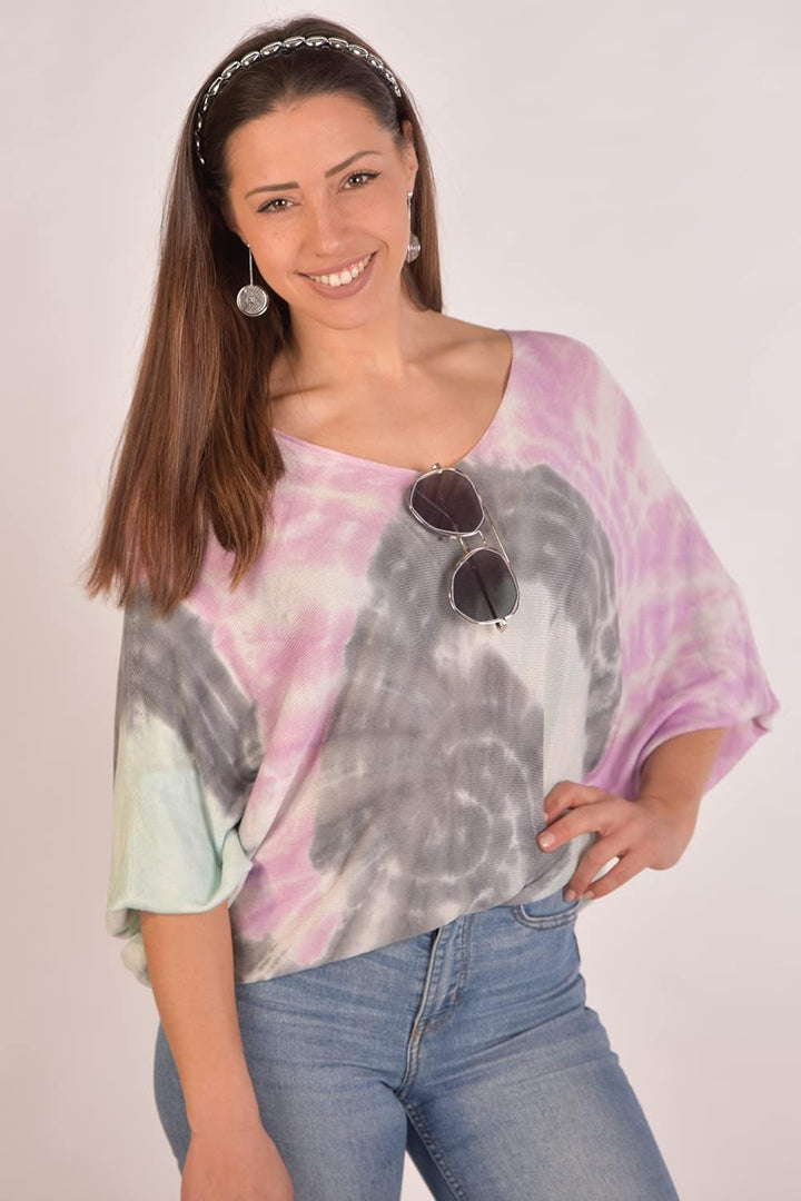 styleBREAKER Damen Feinstrick Poncho mit Batik Muster, 3/4 Ärmel, V-Ausschnitt, sommerlich leicht, E