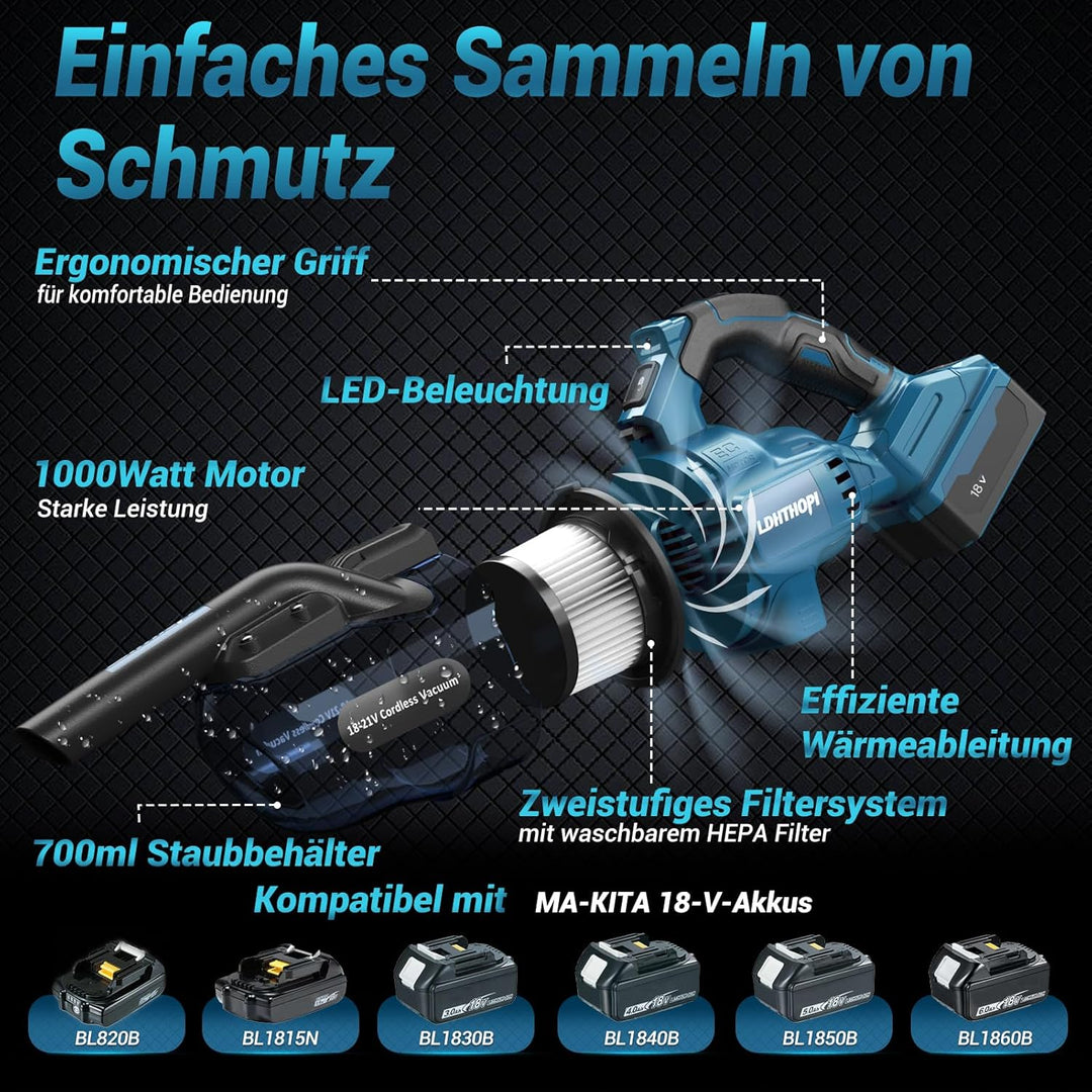 LDHTHOPI Akku Staubsauger für Makita 18V,20000 Pa Starke Saugleistung,1,28 kg Leichter Staubsauger m