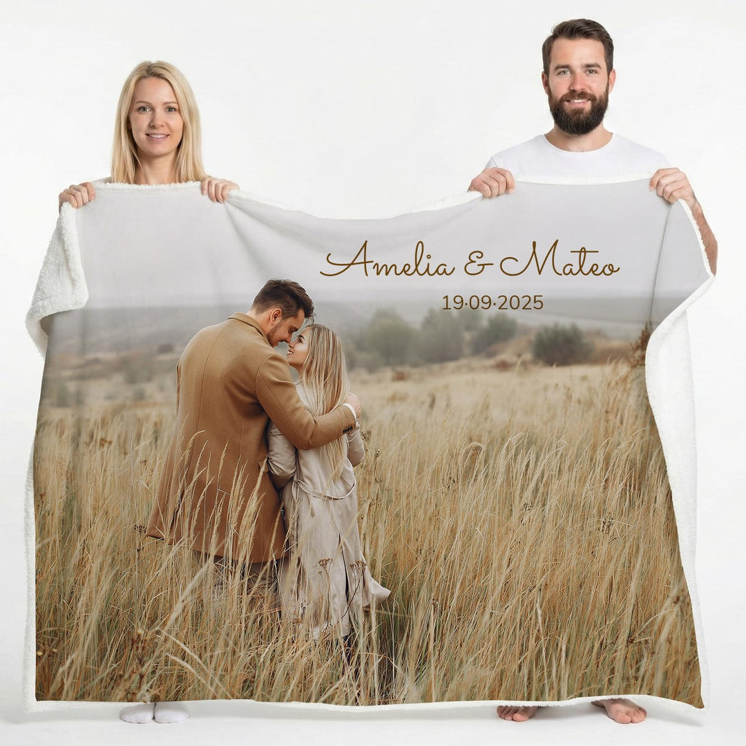 Wanapix | Personalisierte Kunstfell-Decke mit Foto & Text | Maximale Wärme 490 g/m² (Fleece + Kunstf
