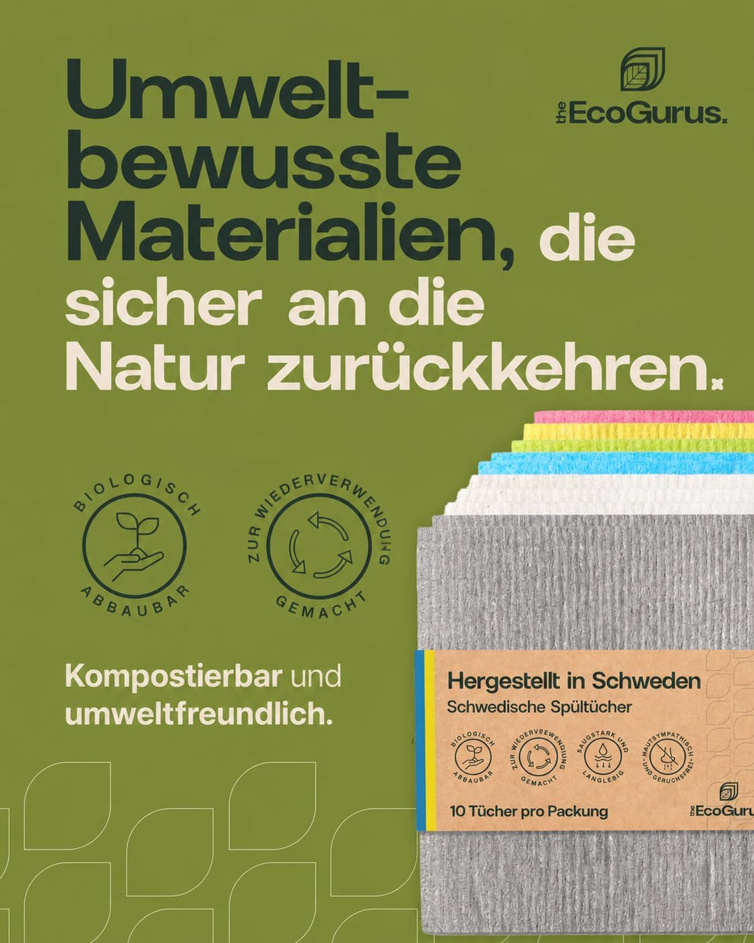 10er-Pack geruchsneutrale, Wiederverwendbare schwedische Spültücher, hergestellt in Schweden, biolog
