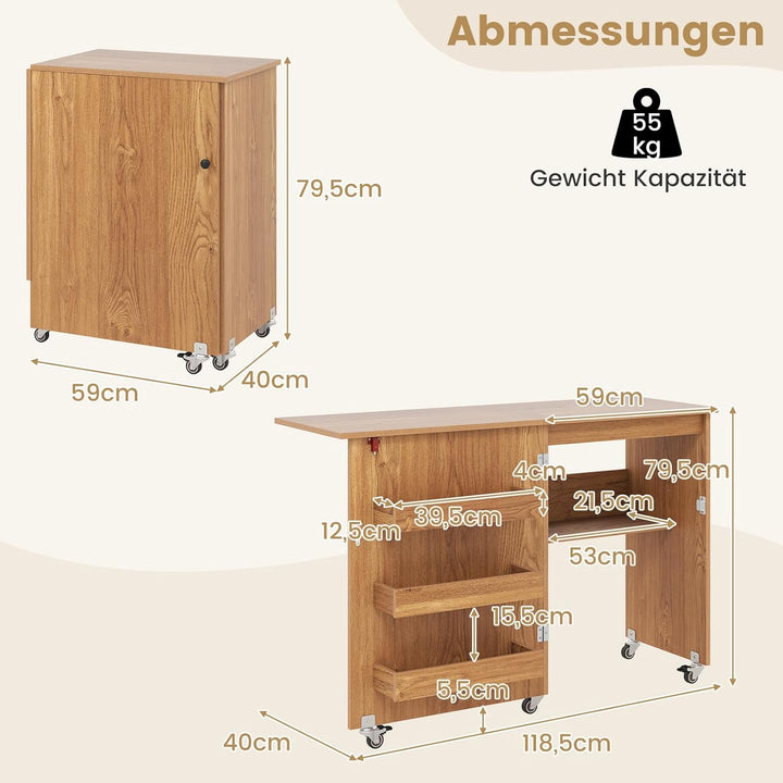 COSTWAY 2 in 1 Nähtisch klappbar, Nähmaschinenschrank aus Holz mit Regalen & Ablagefach, Nähschrank