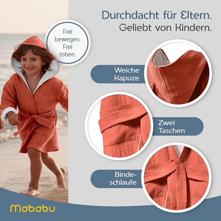 Bademantel Kinder mit Kapuze | 100% Bio-Baumwolle GOTS Zertifiziert | Premium Musselin Kinderbademan