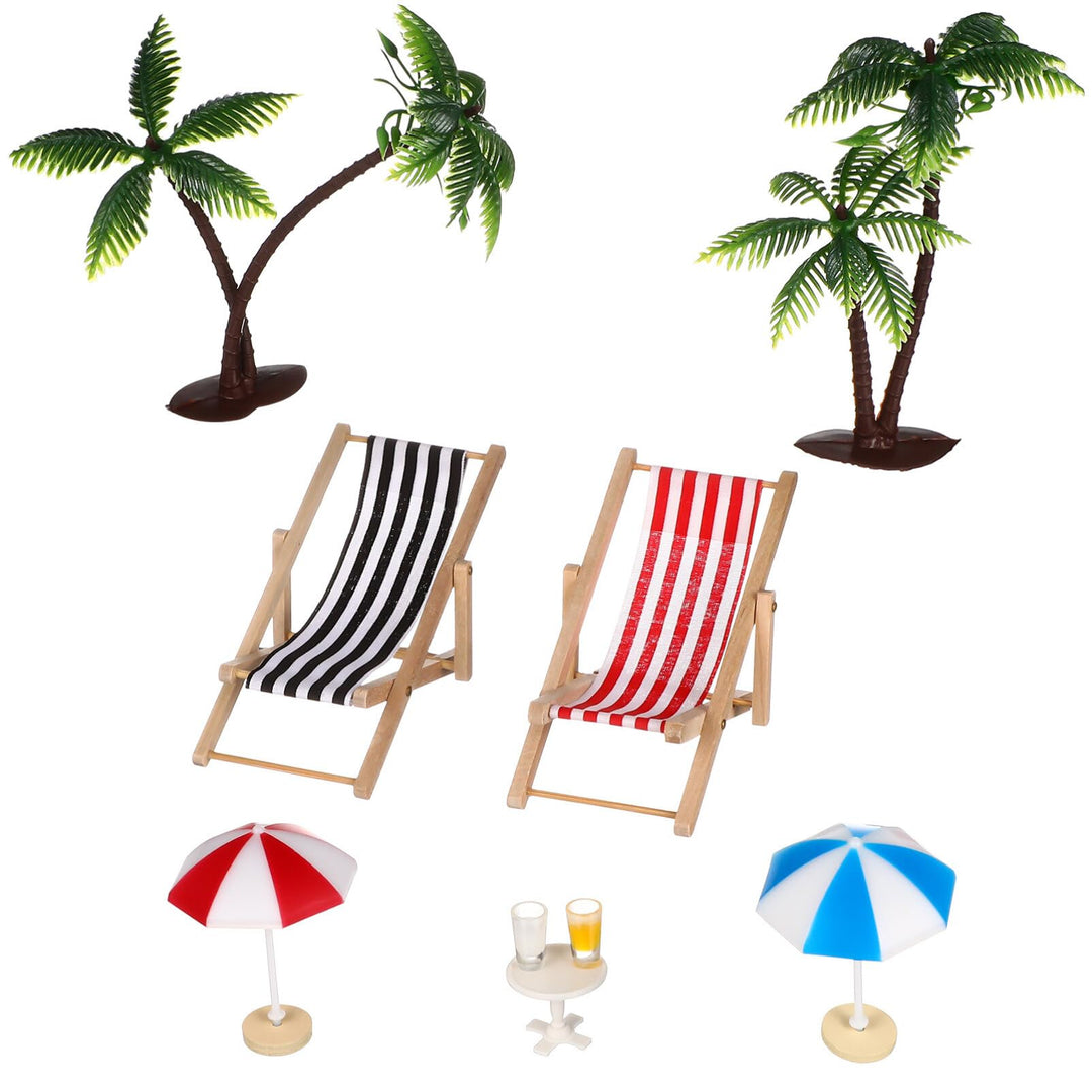 9 Stück Miniatur-Stranddeko Set: Palmen, Sonnenschirme, Liegestühle, Getränke Und Runder Tisch Für D