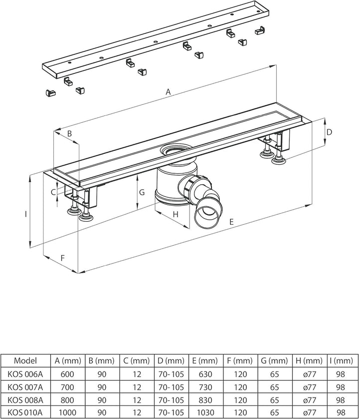 DEANTE Linearablauf mit Rost zur Montage unter Fliesen mit niedrigem Siphon KOS 010A, grau