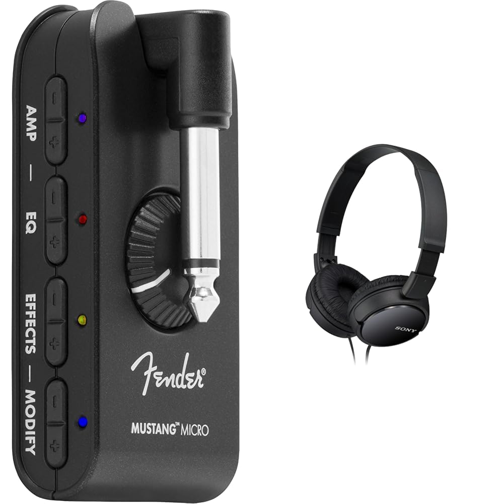 Fender Mustang Mikro-Verstärker, Schwarz, 2311300000 & Sony MDR-ZX110 Faltbarer Bügelkopfhörer, schw