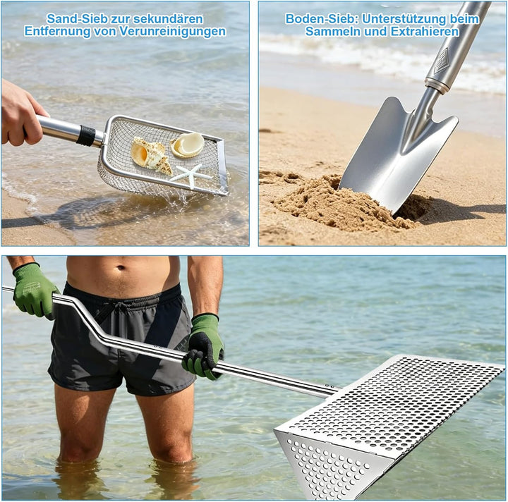 Sand Flohrechen Set, Edelstahl Strandsand Sieb, Abnehmbarer Langer Griff mit Eimer, Handschuhe, Scha