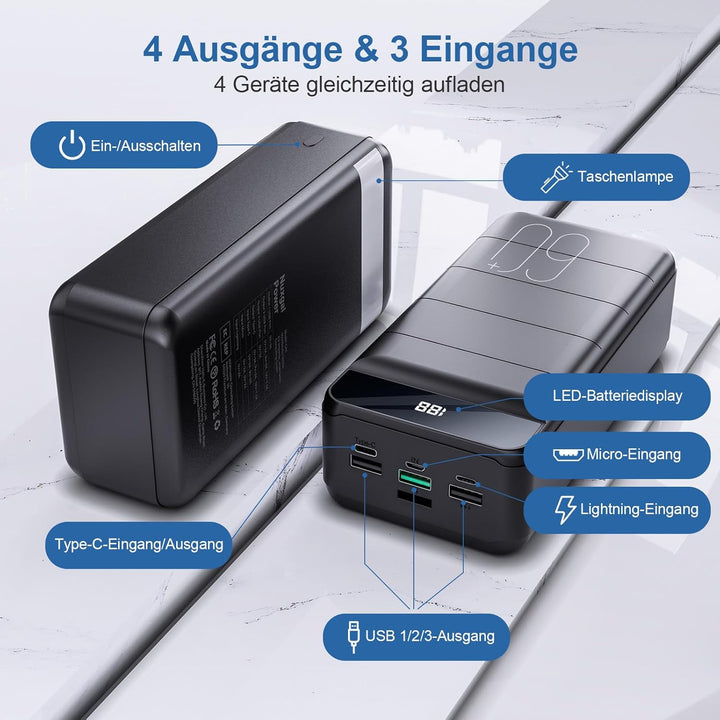 60000mAh Power Bank 22,5W Powerbank PD USB-C Schnellladefunktion Externe Akku mit 4 Ausgänge und 2 E
