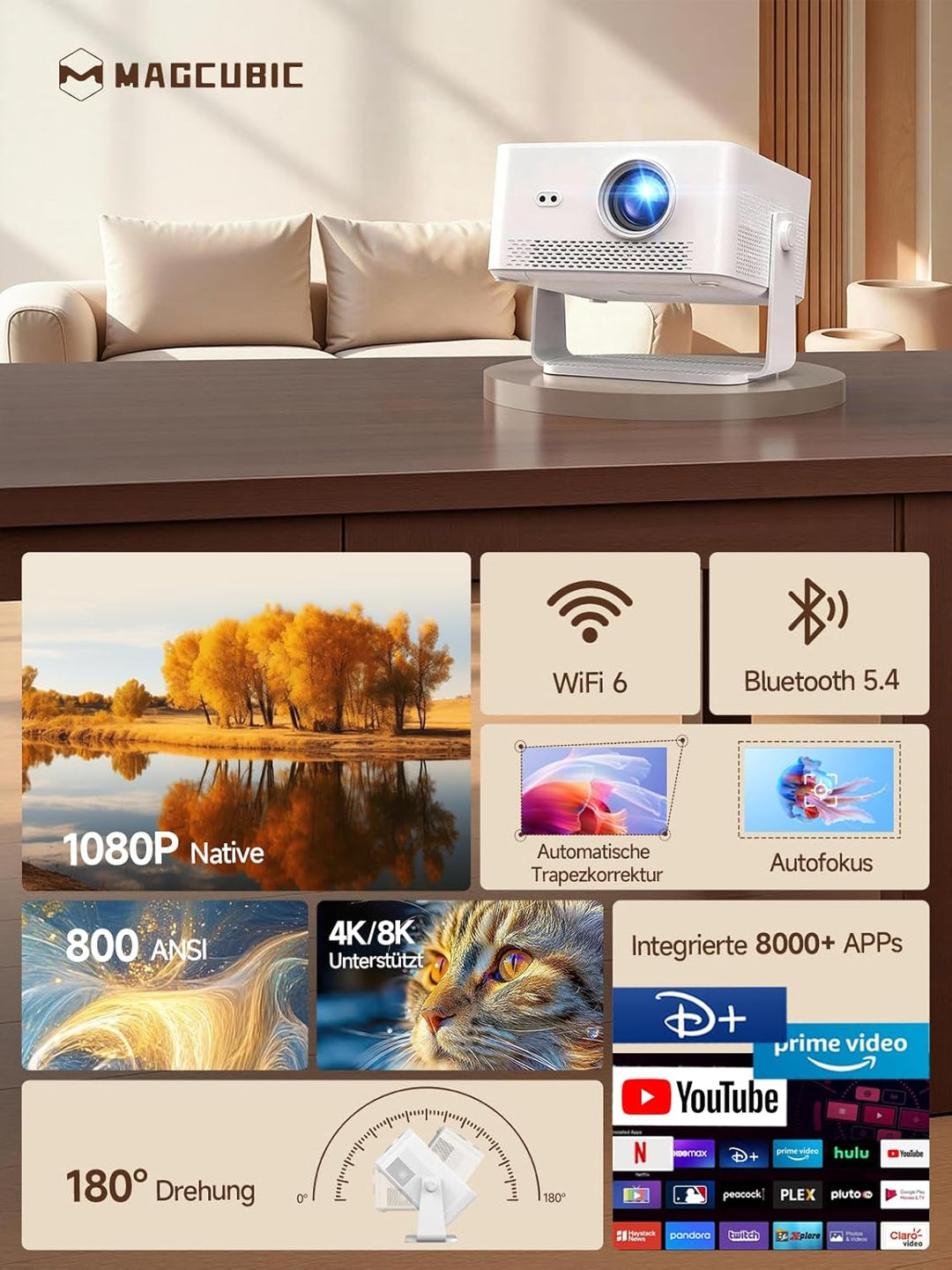 【Android 14 & 800 ANSI】 Magcubic Mini Beamer 4K 8K Unterstützt, Smart Projektor Native 1080P mit WiF
