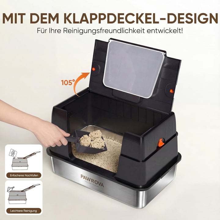 V2A-Edelstahl Katzenklo mit Klappdeckel, leicht zu reinigen, geschlossene XL-Katzentoilette für gros