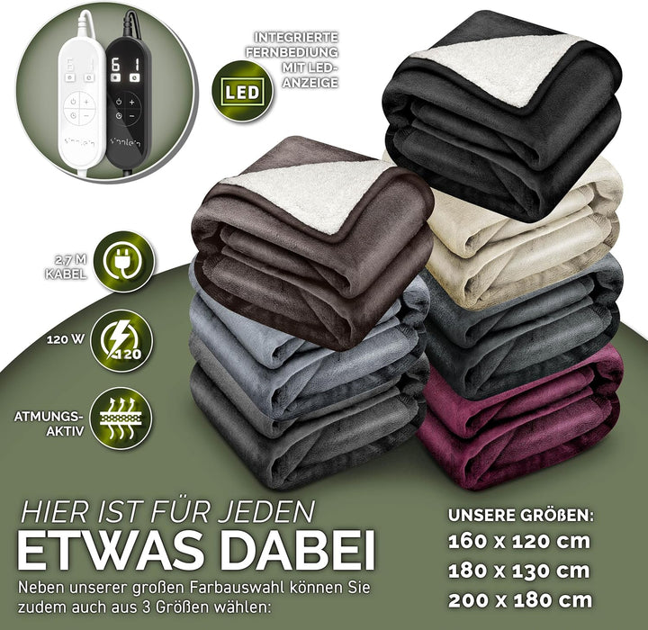 sinnlein® Heizdecke mit Abschaltautomatik 180 x 130 cm | Elektrische Wärmedecke mit 9 Temperaturstuf