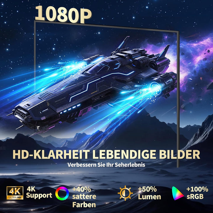 Mini Beamer Unterstützt 4K Full HD 1080P, Smart Beamer mit Auto Fokus & Keystone und 90° Drehbarkeit