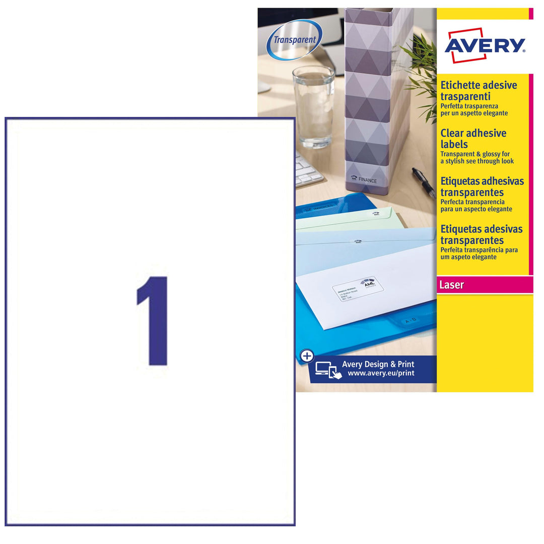 Avery 944660 - Etiketten Laserdrucker Quickpeel 210x297, transparent - Pack 25 Blatt 210 x 297 Trans