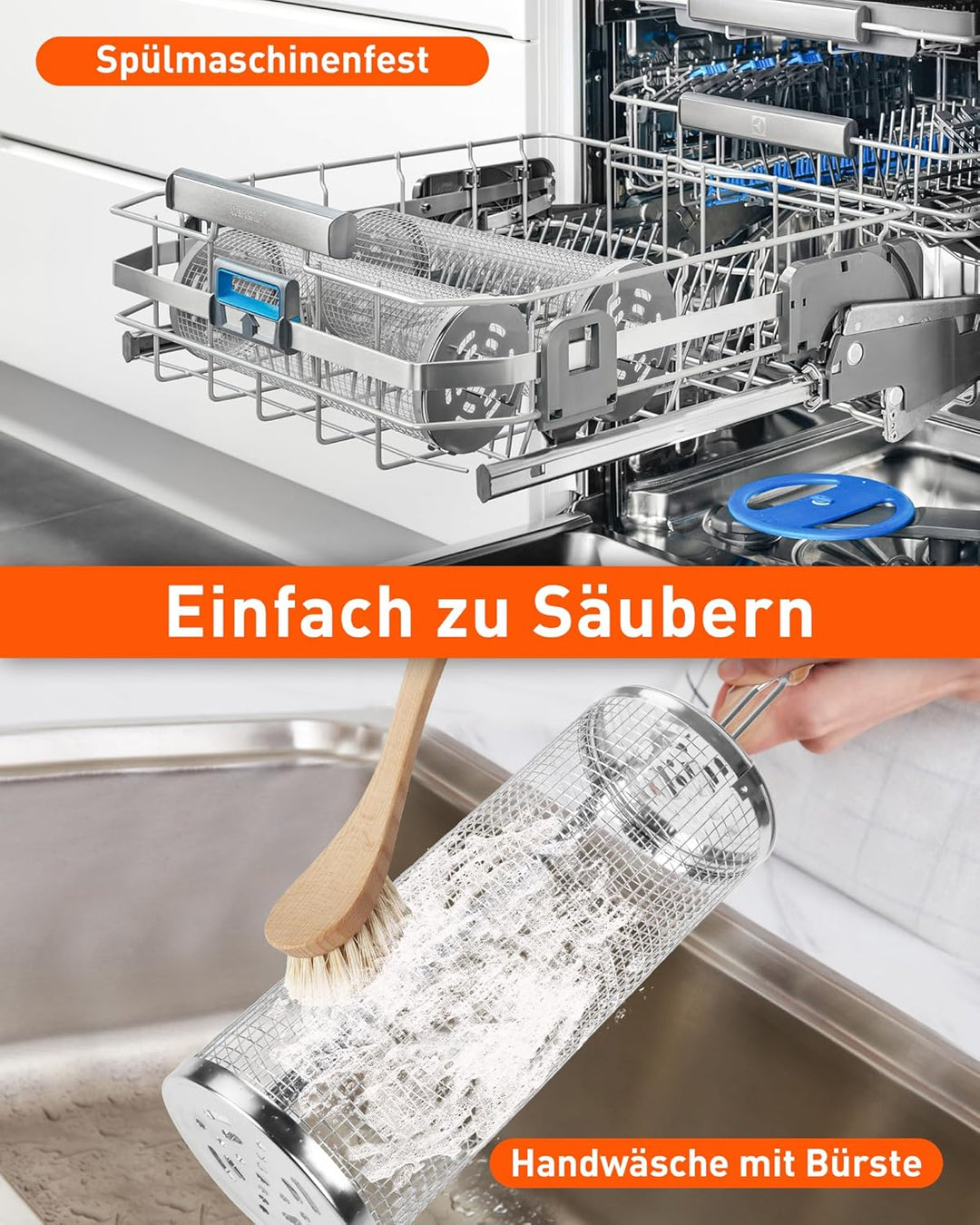 OWZ Rollendes Grillkorb Set - 2 Stück Grillkorb Edelstahl mit Holzgriff - Rolling Grilling Basket -