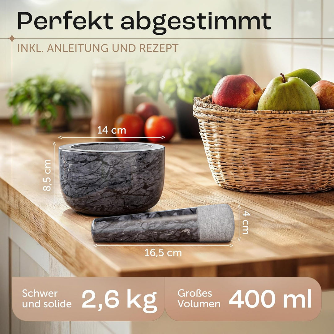 madeco - Edler Marmor Mörser mit Stössel Ø 14 cm - Perfekt geeignet für Gewürze, Kräuter &amp; Nüsse - S