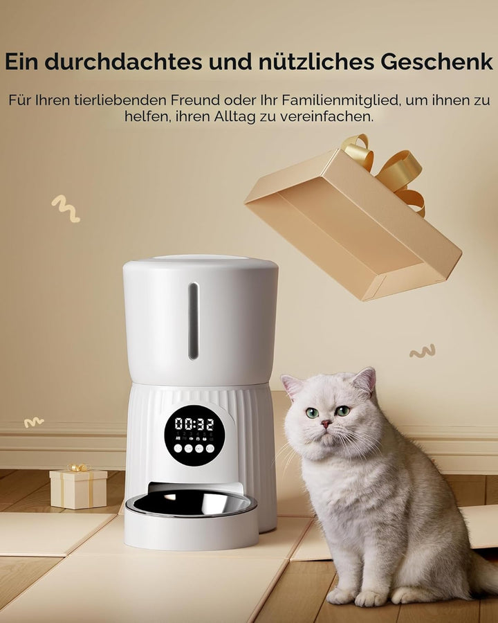 Faroro 4L Futterautomat Katze & Hund, Katzenfutter Automat mit Timer, Katzennapf aus Edelstahl & Dre