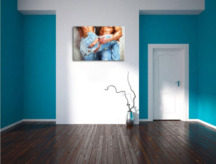 Pixxprint Sexy Pärchen in Jeans als Leinwandbild/Grösse: 100x70 cm/Wandbild/Kunstdruck/fertig bespan