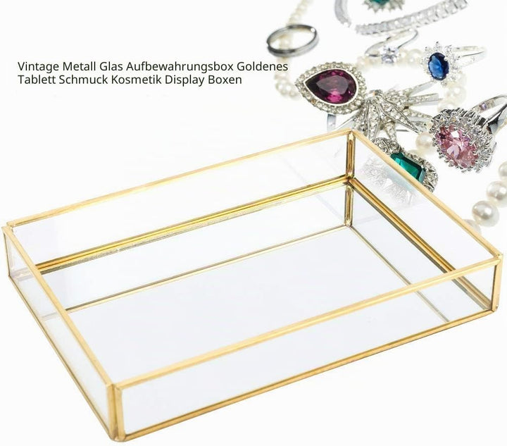 Retro Spiegeltablett, Dekotablett Gold Glastablett Tablett Vintage Metall Glas Aufbewahrungsbox Kosm