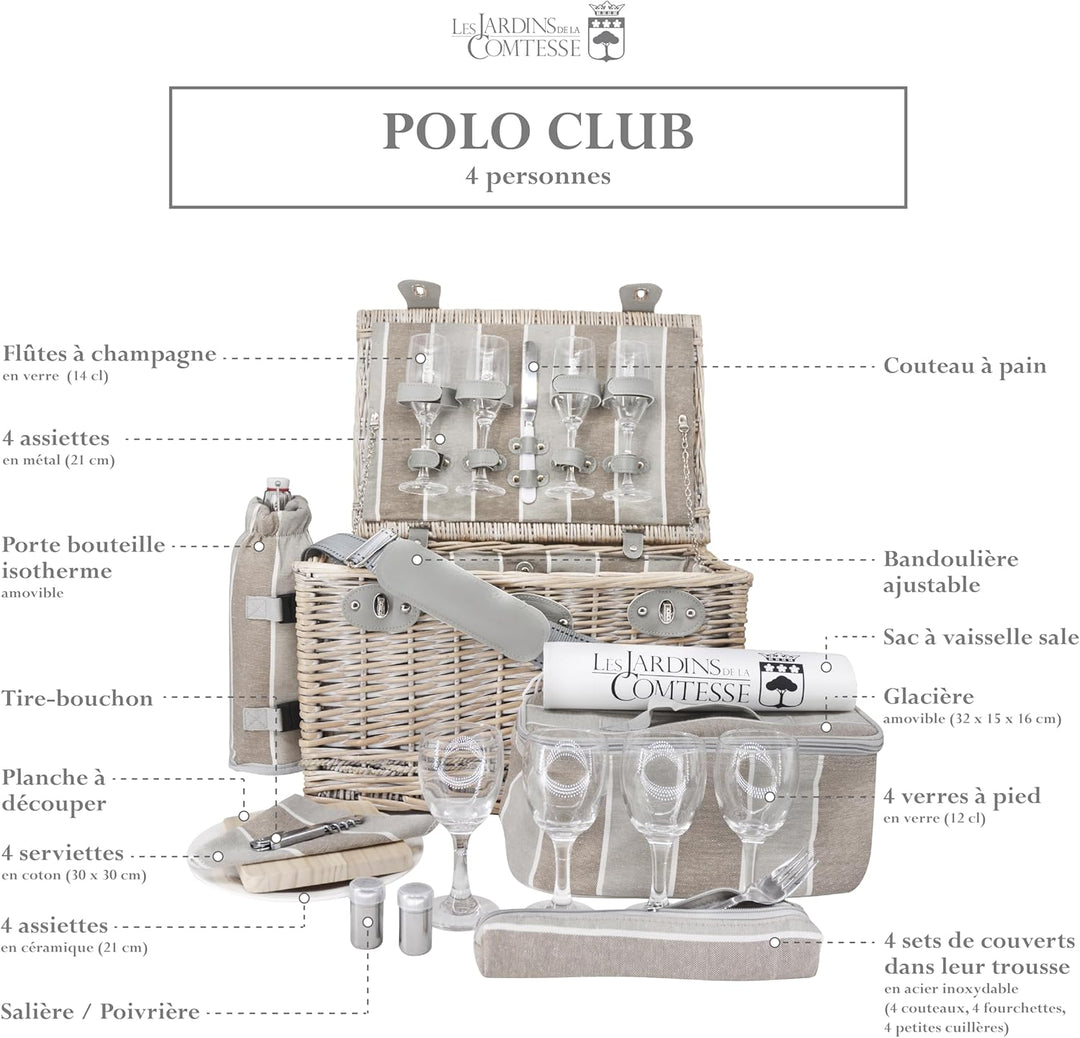 Les Jardins de la Comtesse - Picknickkorb Polo Club aus Weide - Komplett Für 4 Personen - Kühlfach -