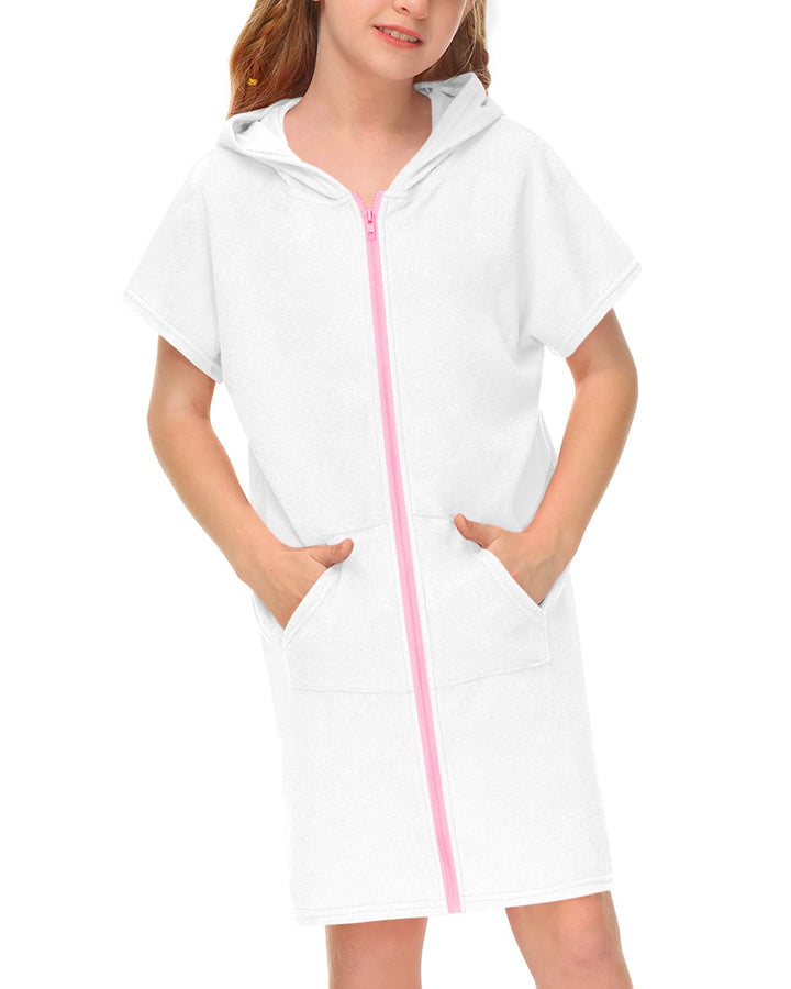 BesserBay Mädchen Badeponcho Kapuze Poncho mit Taschen Zip Cover Up Kinder Unisex 120-160 130 Weiss,