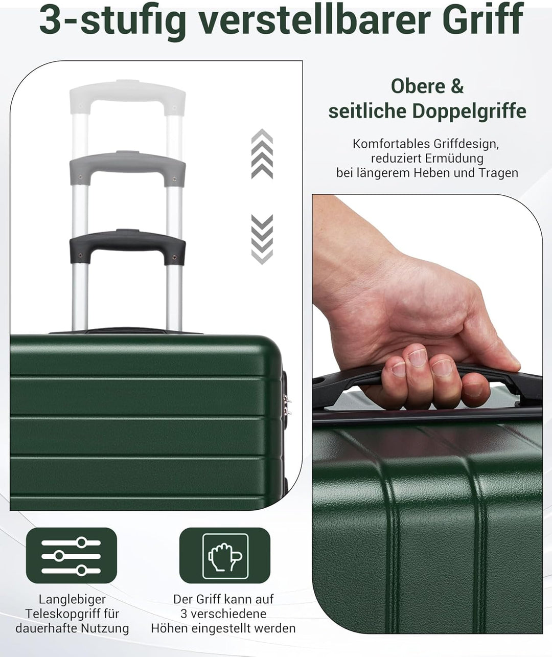Handgepäck Koffer 3er Set, Leichter ABS+PC Reisekoffer für Flugzeug, Ryanair Trolley mit 4 Rollen, H
