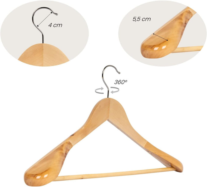 10 x Anzugbügel Jackenbügel Kleiderbügel Holz Natur | Sakkobügel | 44,5 cm | 360° drehbarer Haken |