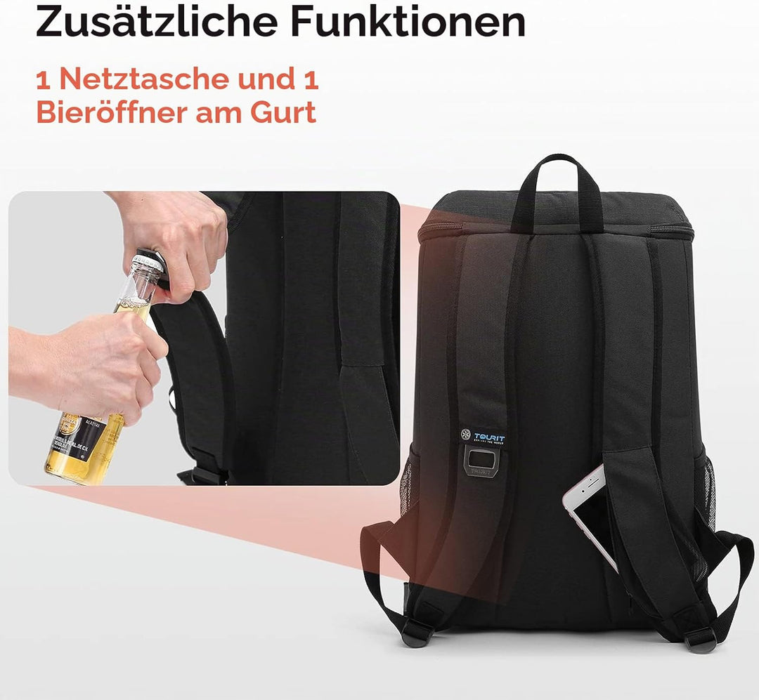 TOURIT 28L Kühler Rucksack Leichter Rucksack mit Flaschenöffner Hält 30 Dosen Schwarz