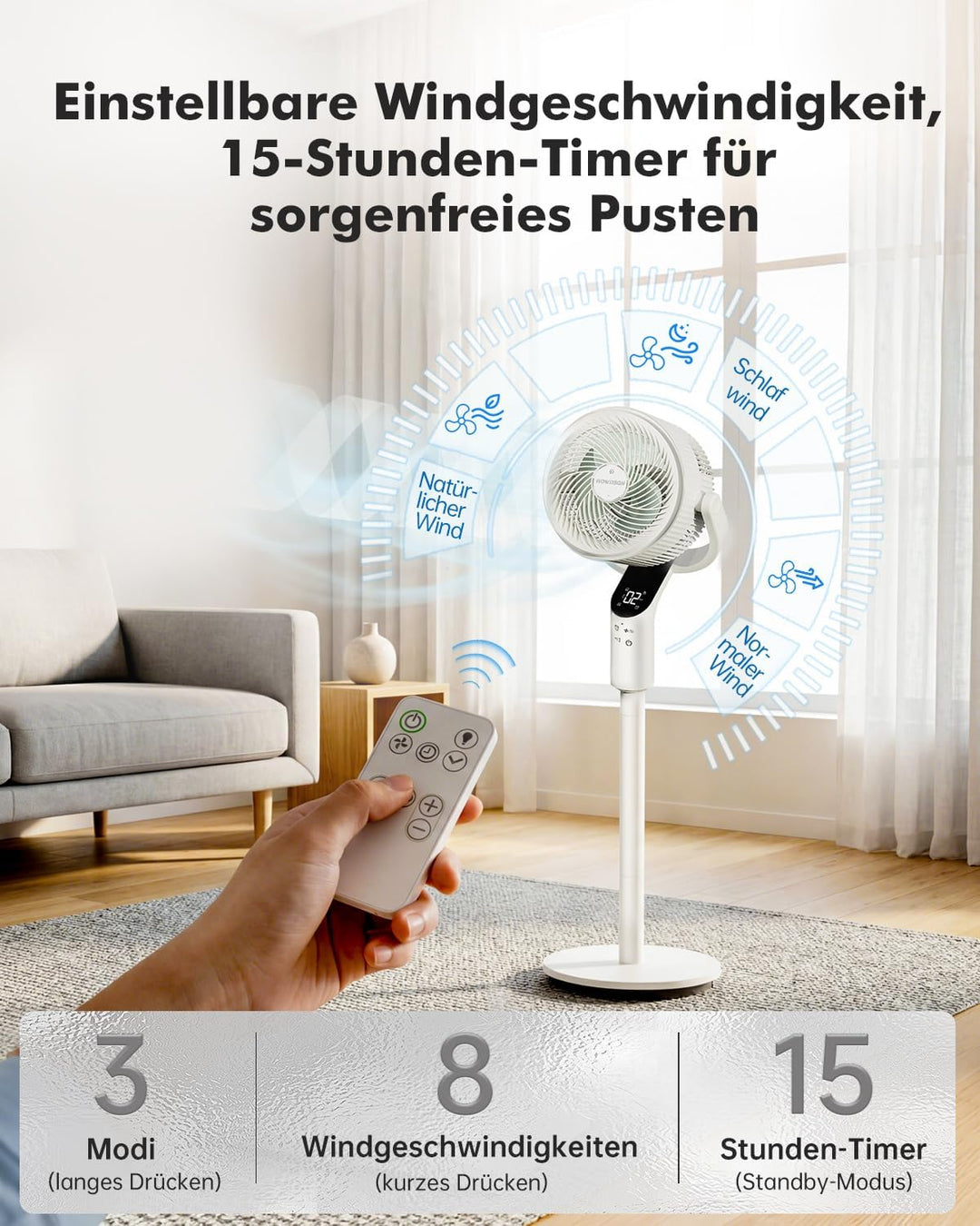 WOWDSGN Standventilator mit Fernbedienung, leiser Ventilator 22 dB, Windgeschwindigkeit 7,2 m/s, 70°