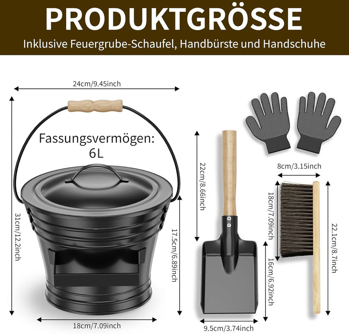 Stahlascheimer mit Deckel für Kamine, 5L Metall-Ascheeimer inklusive Handschuhe, Schaufel und Handfe