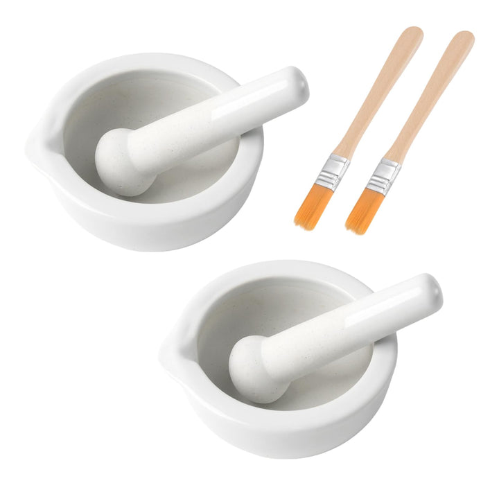 2 Sets Mörser mit Stössel un Bürsten, Kleiner Porzellanmörser Stössel Set Keramik Kleine Kräuterscha