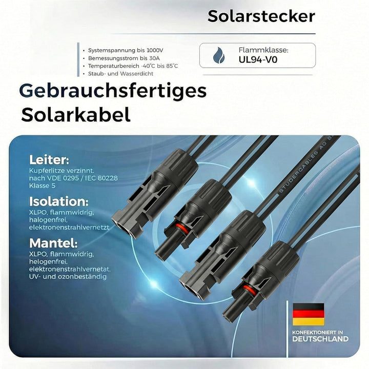 Solarkabel 2 x 10 Meter 4mm² mit Solarstecker (1/2/3/5/10m, 4mm²/6mm²) Stecker beidseitig montiert,