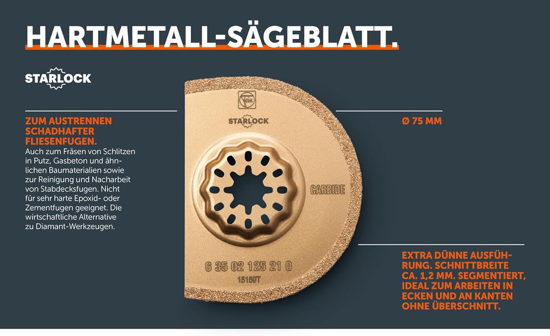 FEIN Hartmetall Sägeblatt Ø 75 mm, Ve. 1 St., Aufnahme Starlock, segmentiert, Schnittbreite ca. 1,2