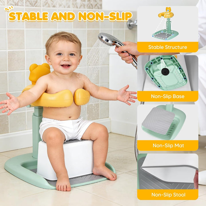 Baby Duschständer mit Sitz, Höhenverstellbar Duschhilfe mit rutschfestem Stand und Sicherheitsgriff,