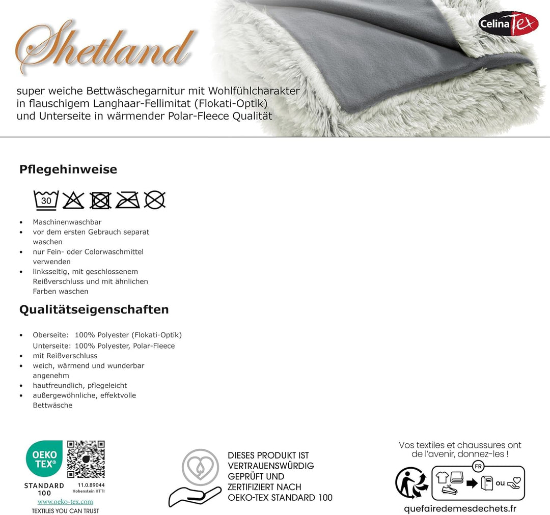 CelinaTex Shetland Bettwäsche 140 x 200 cm 2-teilig grau Polar-Fleece Bettbezug Flokati Optik Bett G