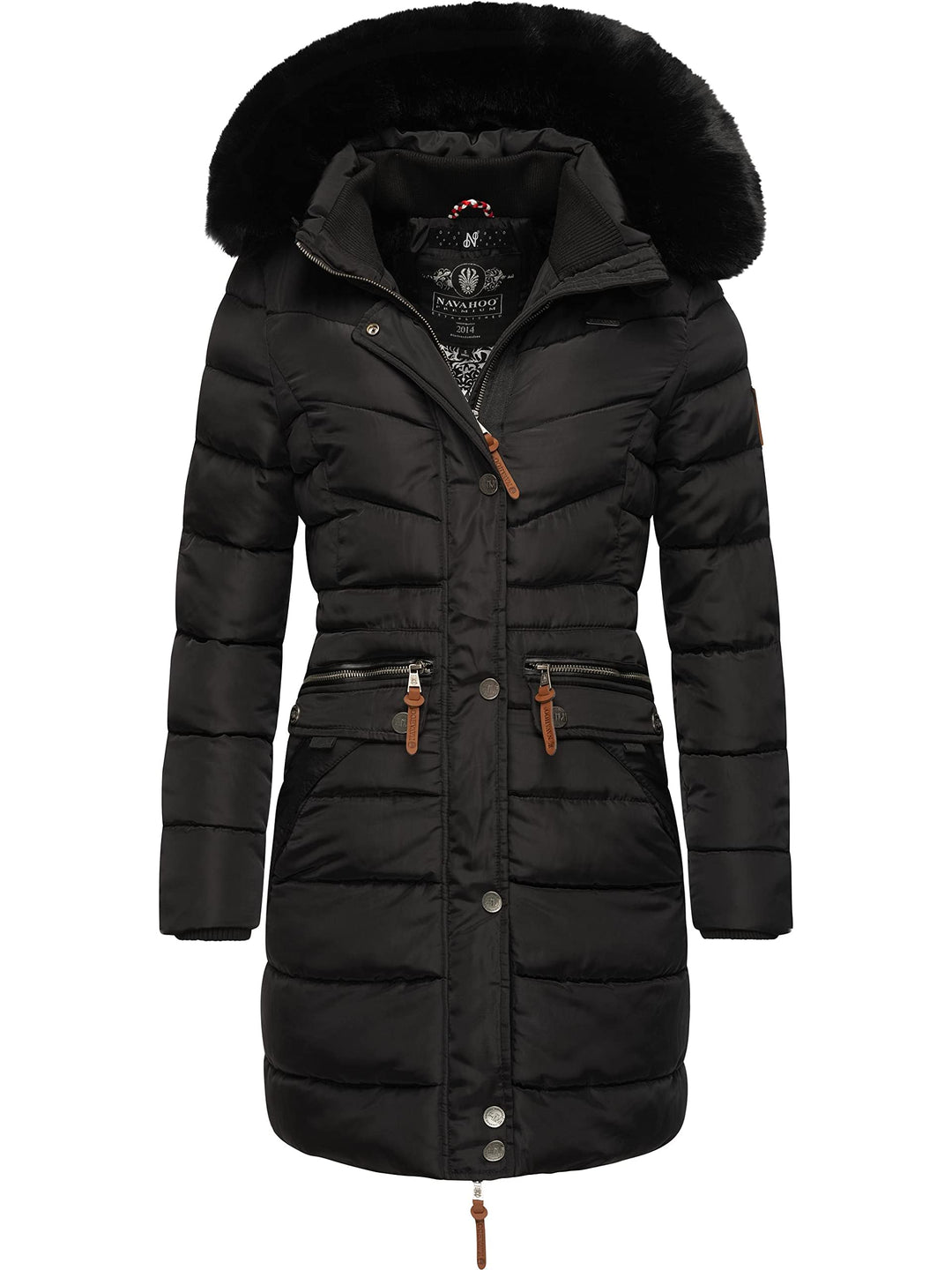 Navahoo Damen Wintermantel warmer Steppmantel lang mit abnehmbarer Kunstfell-Kapuze Paula XS-5XL M B