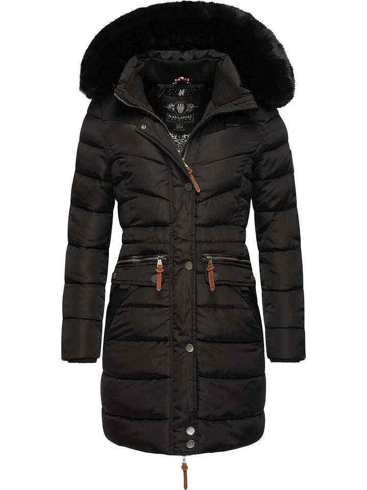 Navahoo Damen Wintermantel warmer Steppmantel lang mit abnehmbarer Kunstfell-Kapuze Paula XS-5XL M B